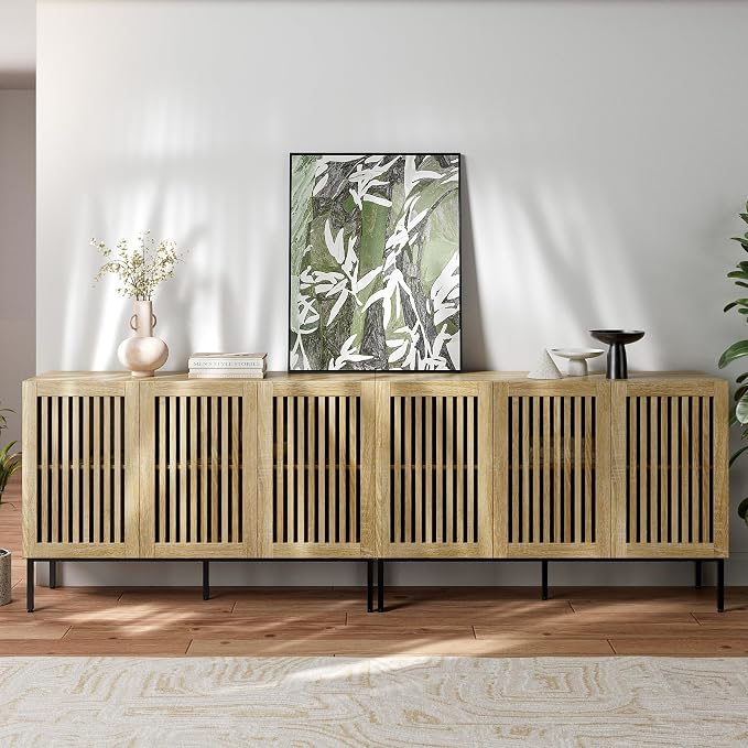 BVIUNTWO Buffet Cabinet with Storage,Set of 2 Farmhouse Console Table with Metal Base and Adjustable Shelves,Sideboard Coffee Bar Cabinet with 6 Doors for Kitchen,Dining Room,Living Room,Oak