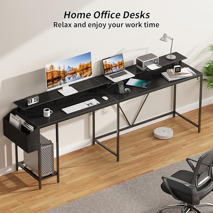 L Shaped Gaming Desk with Power Outlets and LED Lights, 53 inch Cornor Computer Desk with Storage Shelves, Gamer Desk with Storage Bag and Hooks Home Office Table for Bedroom Living Room Black