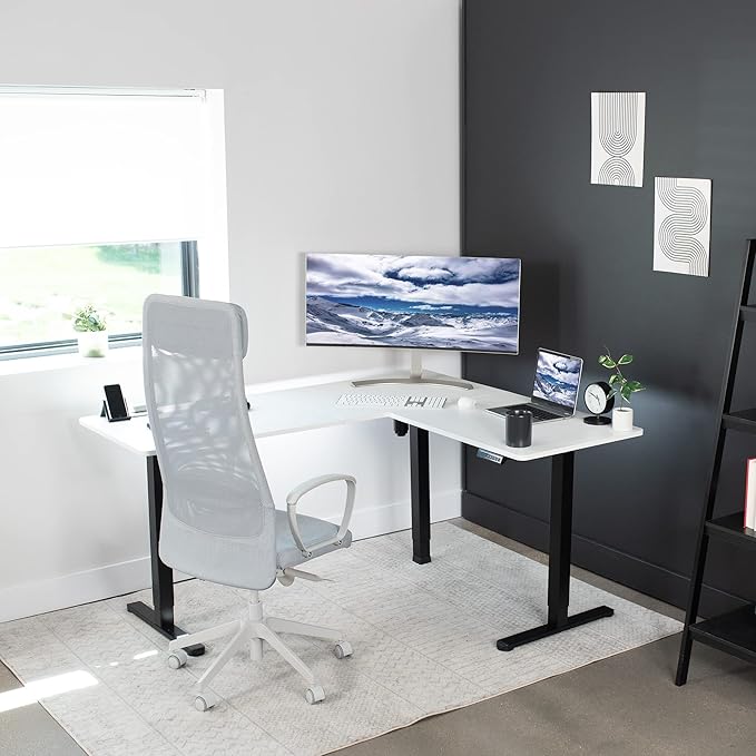 VIVO Corner Standing Desk, 63 x 55 inch Reversible L-Shaped Workstation, Electric Height Adjustment, Home, Office, and Reception Rooms, White Table Top Black Frame, DESK-E3CTBW