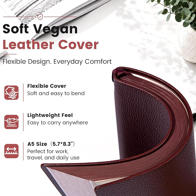 CAGIE Lined Journal Notebook for Men & Women,176 Pages A5 Medium Size, Softcover Leather Journals for Writing, College Ruled Notebook for Work & School, 100 GSM Thick Paper (5.7'' x 8.3'') (Burgundy)