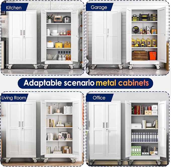 erosoei 61" H Metal Garage Storage Cabinet, Rolling Tool Cabinet with 2 Doors and Wheels, Locker Steel Cabinet with 3 Adjustable Shelves, Organization Cabinet for Garage,Office,Home,Gym,School（White）