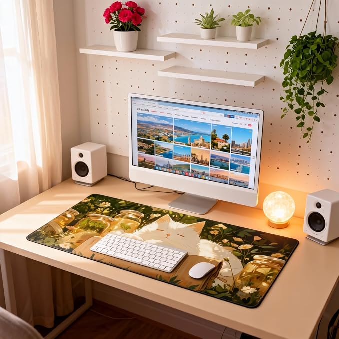 Cute Anime White Cat Gaming Mouse Pad, Forest Green Warm Healing Desk Mat with Anti-Slip Base & Stitched Edges, Computer Keyboard & Laptop Pad, 35.4" x 15.7" in in Workstation Accessories