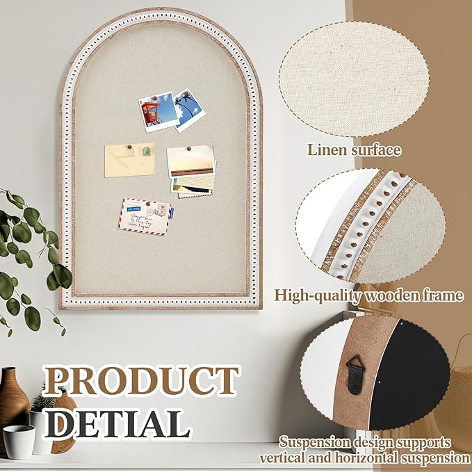 Vintage Framed Pin Board Linen Display Bulletin Board Large Ornate Fabric Picture Photo Pinboard Memo Decorative Prayer Pinboard Ornate for Wall Gift(Arch,24" X 36",Boho White)