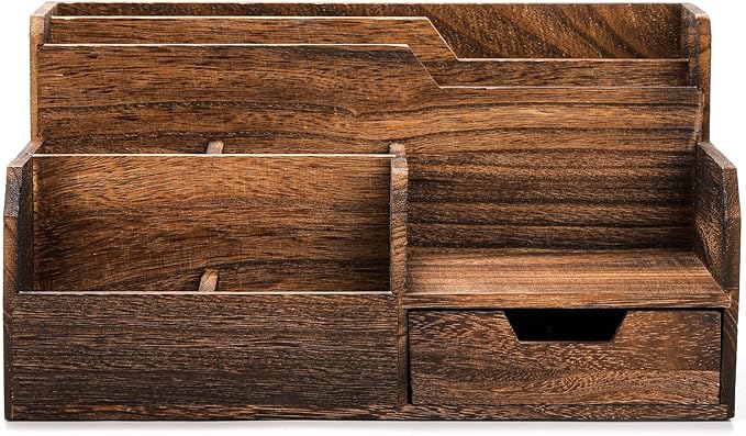 Brown Wooden Mail Organizer, Desk Organizer with 7 Compartments and Drawer, Rustic Mail Sorter with Pen Holder, Tabletop Mail Basket, Office Accessories Holder for Pen File Letter Document