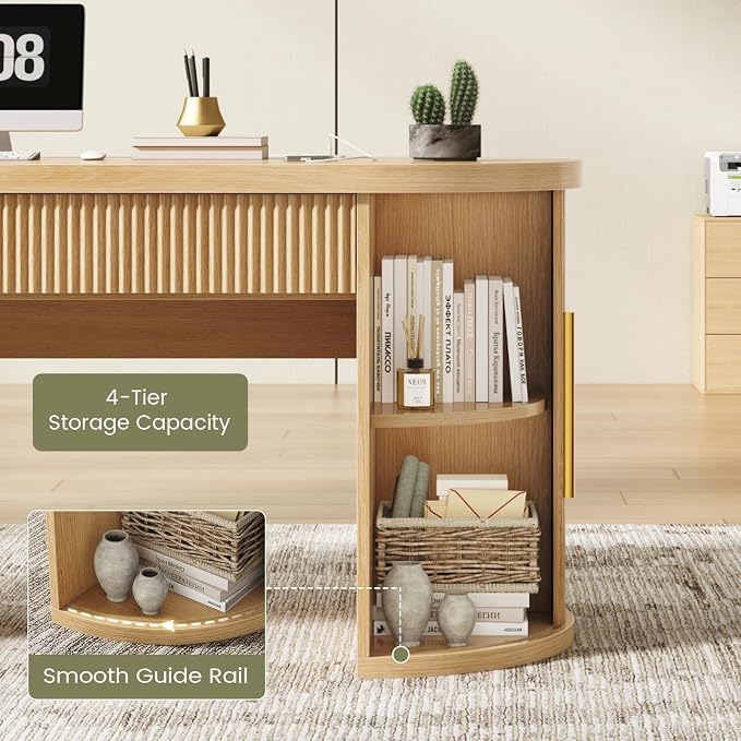 SEDETA 58.3" x 21.7" Fluted Office Executive Desk with 2 Drawers Storage | Light Oak Long Computer Desk with 2 Sliding Doors Shelves and Power Strip, Wood Curve Desk for Work, Writing, Study
