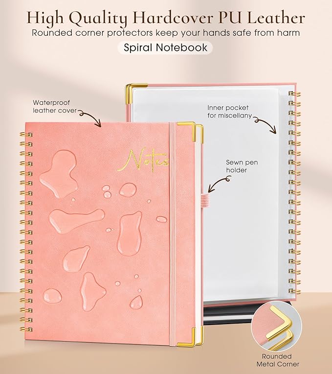Hardcover Spiral Notebook Journal 8.5” x 11”, A4 Large Leather Notebooks for Women Men, Lined College Ruled Notebook, 100 GSM Paper, Spiral Bound Journals for Work School Note Taking Business, Pink