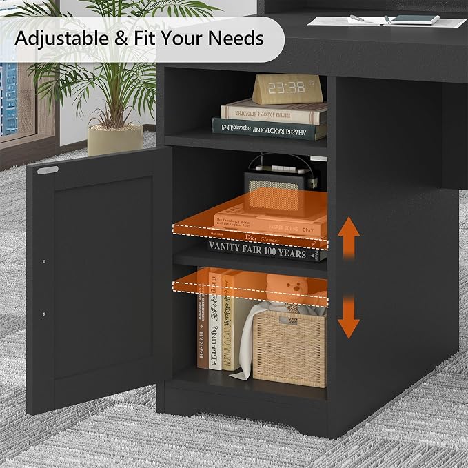 65" Farmhouse Computer Desk with Drawers and Printer Stand for Home Office | Office Desk with Power Outlets and Storage Cabinet, Study Writing Desks with Long Monitor Stand, Black