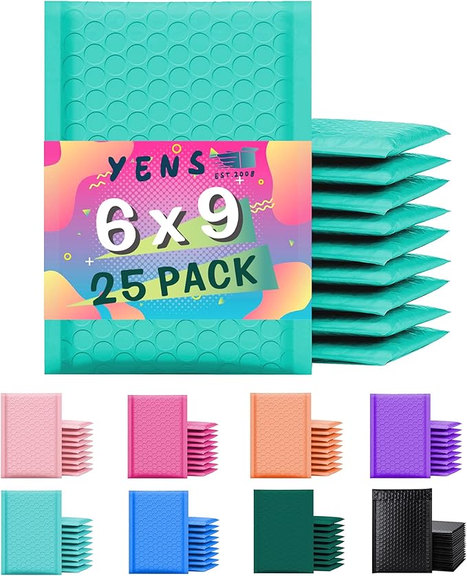 Yens Poly Bubble Mailers 6x10 25 Pack Teal Waterproof Self Seal Adhesive Shipping Bags, Cushioning Padded Envelopes for Shipping, Mailing, Packaging Usable 6x9