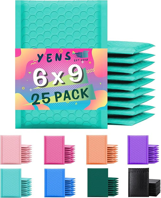 Yens Poly Bubble Mailers 6x10 25 Pack Teal Waterproof Self Seal Adhesive Shipping Bags, Cushioning Padded Envelopes for Shipping, Mailing, Packaging Usable 6x9
