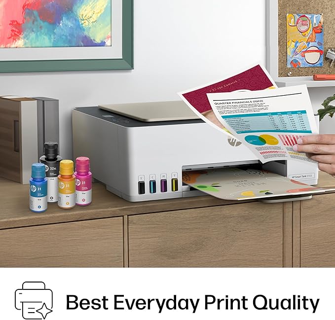 HP Smart Tank 5103 Wireless All-in-One Ink Tank Printer, Scanner,2 Years of Ink, 100 Sheets of Photo Paper Included, Cartridge-Free, Refillable, AI-Enabled (5D1B2A)