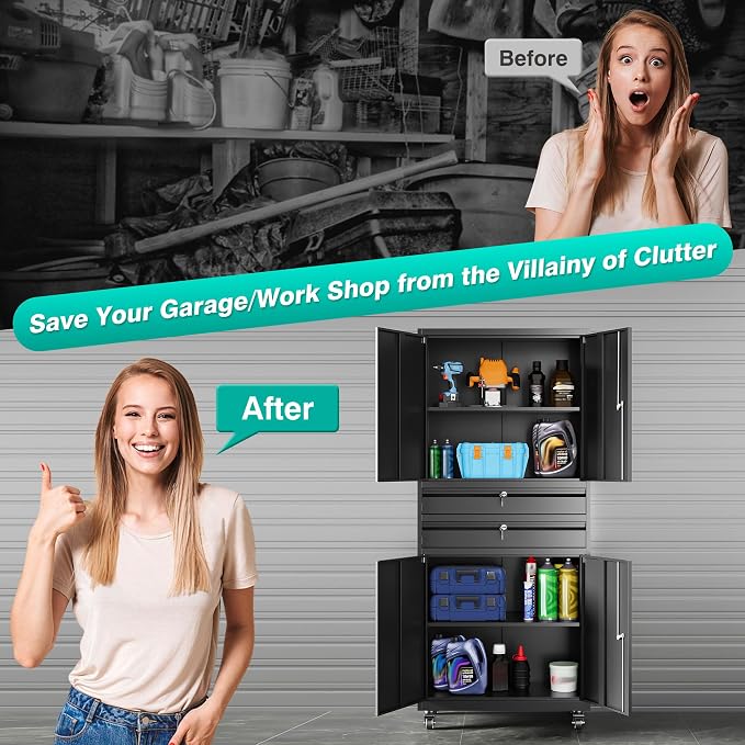 Metal Storage Cabinet with Wheels and Drawers,Rolling Garage Storage Cabinet with Locking Doors and Adjustable Shelves,73" Mobile Tall Large Metal Tool Cabinets with Locks for Home,Office,Garage