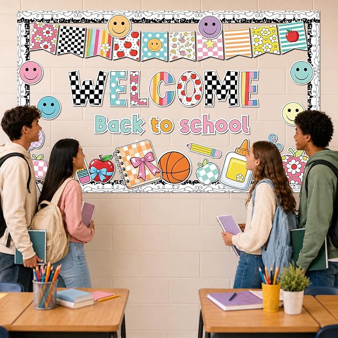 Welcome Back to School Bulletin Board Set Groovy Hippie Classroom Decor Motivational Pencil Notebook Paper Cutouts for First Day of School Elementary Middle Classroom Wall Door Teacher Supplies