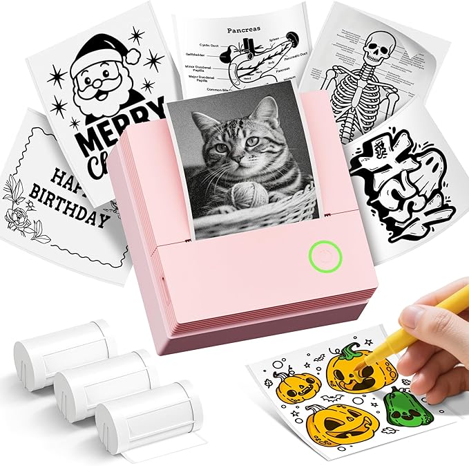 Sticker Printer, PM290C Portable Mini Printer, Inkless Bluetooth Sticker Maker with 3 Rolls Paper, Impresora Portátil for Notes, DIY, Gift, Smart AI APP, Print Pod for Office/Home, Pink