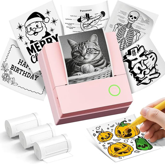 Sticker Printer, PM290C Portable Mini Printer, Inkless Bluetooth Sticker Maker with 3 Rolls Paper, Impresora Portátil for Notes, DIY, Gift, Smart AI APP, Print Pod for Office/Home, Pink