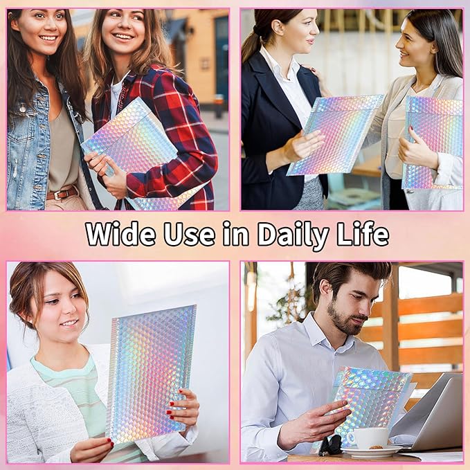 50 Pcs Metallic Bubble Mailers, Holographic Bubble Mailers, Poly Padded Envelopes, Adhesive Shipping Bags, Waterproof Self Sealing Cushion Envelopes for Mailing, Packing, Small Business