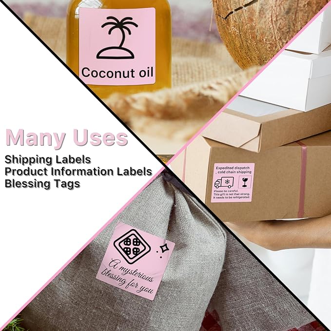 Square Thermal Label Stickers, 2"x2" (50.8mm x 50.8mm) Compatible with Multiple Thermal Printers Self-Adhesive Square Direct Strong Adhesive Thermal Labels, Pink, 500 Sheets/Roll