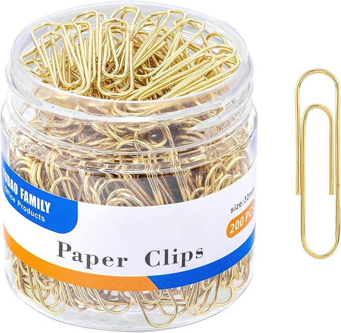 FUDAO FAMILY Medium Paper Clips, 200-Count, Paperclips, Gold Paper Clips, 1.3 Inch (32mm) Paper Clip