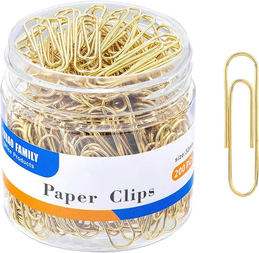 FUDAO FAMILY Medium Paper Clips, 200-Count, Paperclips, Gold Paper Clips, 1.3 Inch (32mm) Paper Clip