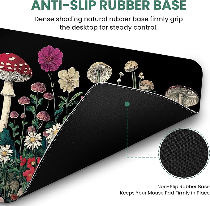 Aesthetic Desk Mat, Cute Woodland Mushroom Desk Pad Protector for Work & Decor, 35.4" x 15.7", Pretty Non-Slip Extended Mouse Pad for Office or Home