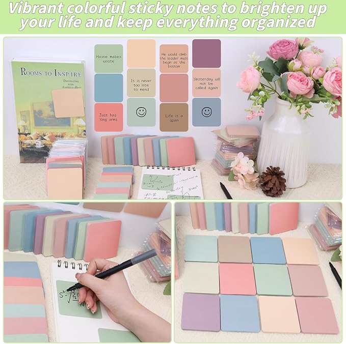60 Pack Vintage Sticky Notes 3x3 Inch 12 Retro Colors Memo Pads Bulk | 56 Sheets Each, Round Corner Design, Self Adhesive Notes, Office Supplies, Back to School, Teacher, Student, Organization