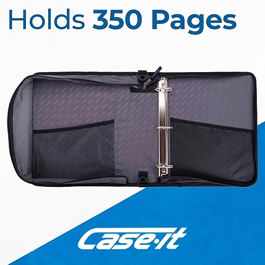 Case-it Universal Zipper Binder | 2-Inch O-Rings, 13-Inch Laptop/Tablet Padded Pocket, 400 Sheet Capacity, Multiple Storage Pockets & Shoulder Strap | School & Office Organizer | LT-007 Jet Black