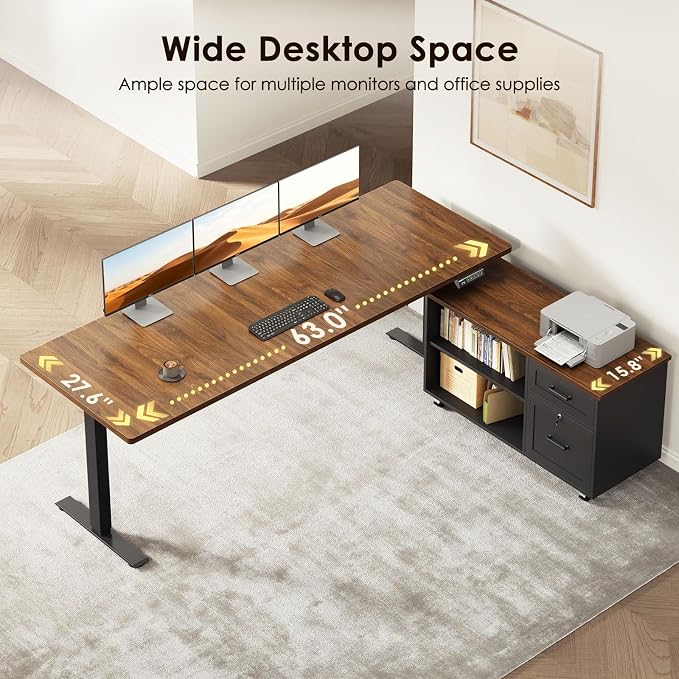 63" L Shaped Electric Standing Desk with Cabinet Sets, Walnut/Black | Mobile Drawers & File Cabinet Sets for Flexible Layout, Height Adjustable Executive Stand Up Desk for Home Office Workstation