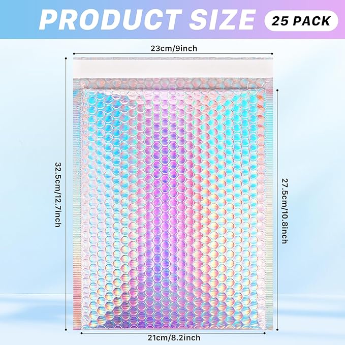25 Pcs Metallic Bubble Mailers, 8x10 Inch Holographic Bubble Mailers, Poly Padded Envelopes, Self Sealing Shipping Bags, Waterproof Cushion Envelopes for Mailing Packaging Small Business