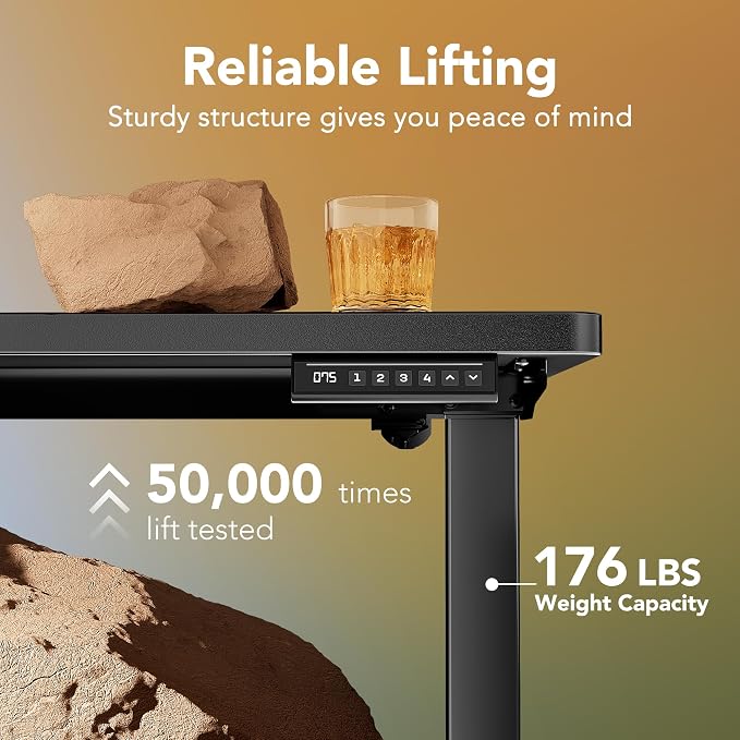 HUANUO 55x28 Inch Electric Standing Desk, Adjustable, Carbon Fiber Black | 176 Lbs Capacity, Smooth Home Office Desk, 4 Memory Presets & Headphone Hooks, 28.3–46.5 Inch Height Range, Easy to assemble