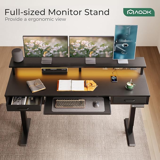 AODK 63 Inch Electric Standing Desk with Drawers & Keyboard Tray, Black | Power Outlet, LED Lights, Monitor Stand, Cable Management Tray, 3 Memory Heights, 29.9"-46.1" in Range
