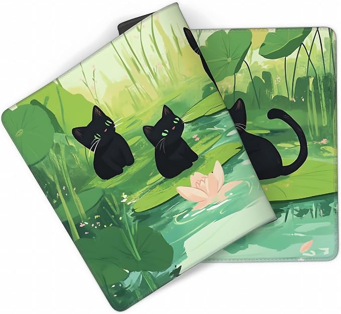 Cute Anime Black Cat Gaming Mouse Pad, Forest Green Anime Desk Mat with Anti-Slip Base & Stitched Edges, Office Supplies & Desk Decor for Women, 35.4" x 15.7" in Home Office Essentials