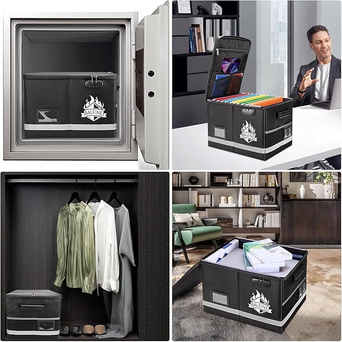 BALEINE Fireproof Document Box with Lock, Portable Waterproof Fire Proof File Organizer Box, File Storage Bag Safe Box for Important Paperwork (Black, 16''x12.5''x11.5'')