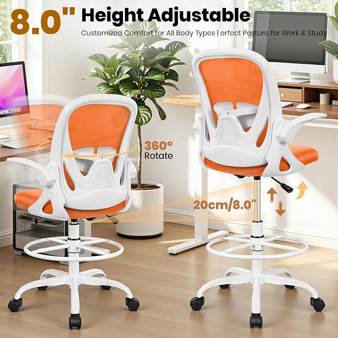 Drafting Chair Tall Office Chair with Flip-up Armrests Executive Ergonomic Computer Standing Desk Chair with Lumbar Support and Adjustable Footrest Ring (Sunset Orange)