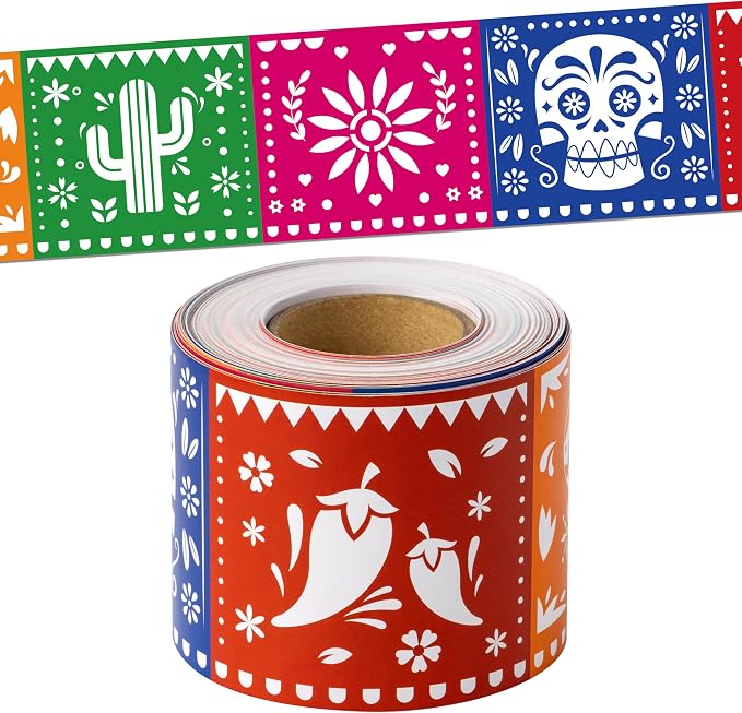 BeYumi Mexican Fiesta Border Trim - 65ft Cinco De Mayo Flags Straight Rolled Border Trim Colorful Papel Picado Mexican Fiesta Carnival Bulletin Board Set Taco Birthday Party School Home Wall Decor