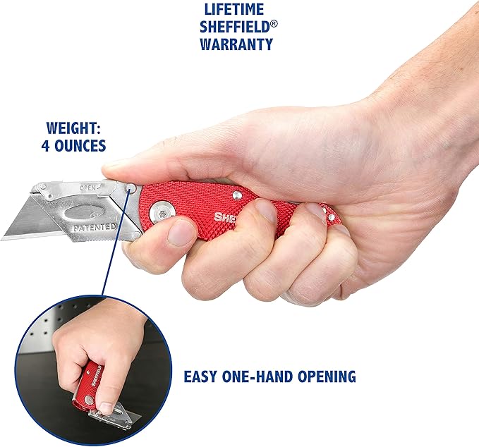 Sheffield Folding Utility Knife, Accepts Standard Utility Knife Blades, Box Cutter Aluminum Handle, Razor Blades Included, For Home, Office, Trades, and Warehouse