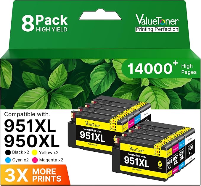 8-Pack 950XL 951XL Ink Cartridges for HP 950 951 Ink cartridges Combo Pack | used for HP OfficeJet Pro 8600 8610 8615 8620 8100 8630 8660 276DW 251DW (2 Black, 2 Cya, 2 Magenta, 2 Yellow)