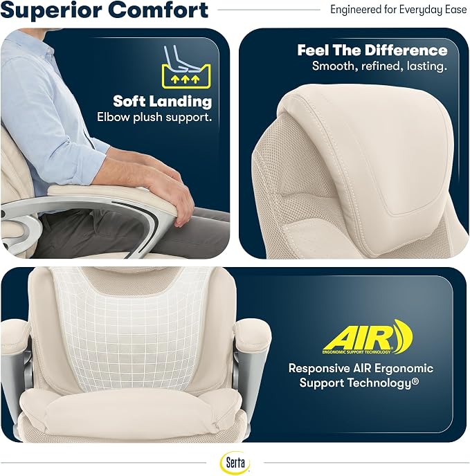 Serta Bryce Executive Office Chair - Ergonomic Computer DeskChair with Lumbar Technology - Adjustable Height - Memory Foam Body Pillows - 360° Swivel Rolling Base - Bonded Leather - Cream
