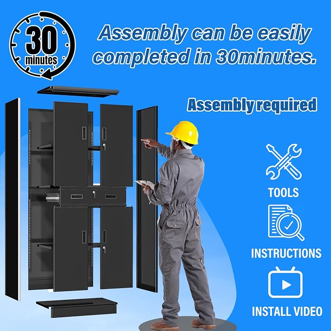 BESFUR Metal Storage Cabinet with 1 Drawer and Adjustable Shelves, 71" H Reinforced Heavy Duty Locking Storage Cabinet for Office, Garage, Home, School, Utility(Black)