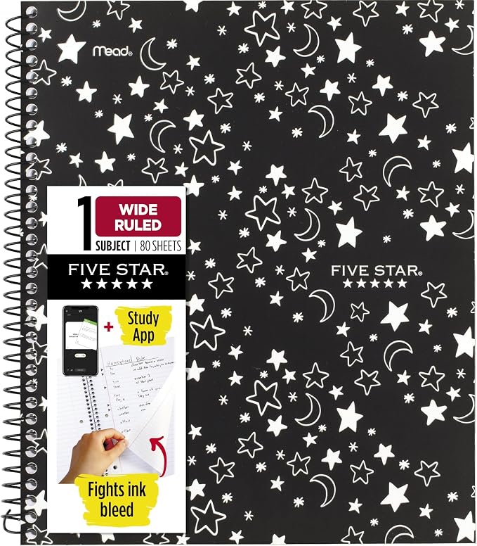 Five Star Spiral Notebook + Study App, 1 Subject, Wide Ruled, 8" x 10-1/2", 80 Sheets, Fights Ink Bleed, Water Resistant Cover, Black Stars Glow in the Dark (930020F) (Pack of 12)