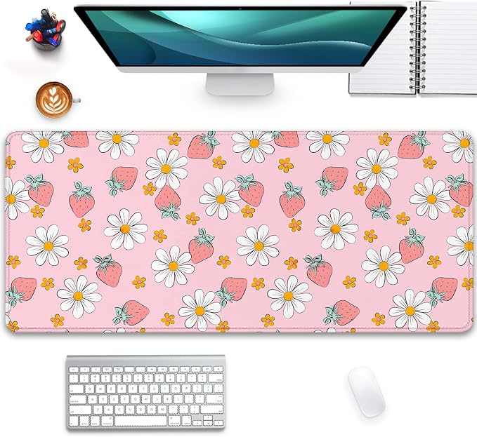 Strawberry Mouse Pad Desk Mat,Pink Large Large Gaming Mouse Mat with Stitched Edges,Non-Slip Waterproof Rubber Base Mouse Mat for Office Computer Keyboard Laptop Home(27.5X11.8 in)