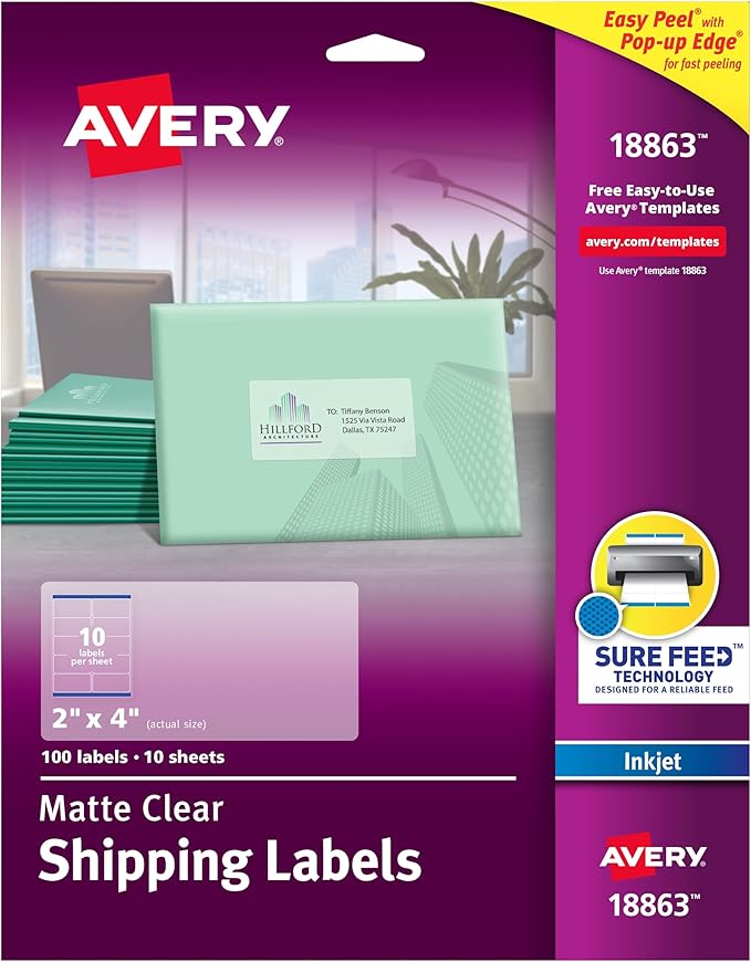 Avery Printable Shipping Labels with Sure Feed, 2" x 4", Matte Clear, 100 Blank Mailing Labels (18863)