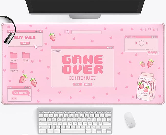Pink Kawaii Anime Gaming Mouse Pad XXL, Strawberry Milk Mousepad Large, Aesthetic Laptop Keyboard Mats, Full Desk Mouse Mat for Women Girl 31.5X15.7 in
