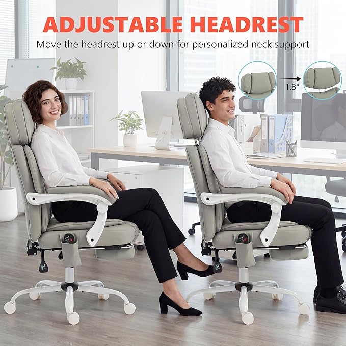 HOMCOM Massage Office Chair with Lumbar Heat, Ergonomic Executive Desk Chair with Adjustable Headrest, 6 Points Vibration, High Back, Reclining, Padded Armrests, Footrest, PU Leather, Light Gray