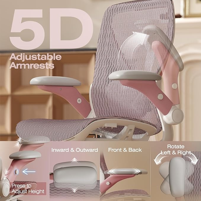X100 Ergonomic Mesh Office Chair with Footrest, Big and Tall Home Desk Chair with 5D Flip-Up Arms, Adjustable 3D Lumbar Support, Gaming & Executive Computer Chair (Peach Blossom)