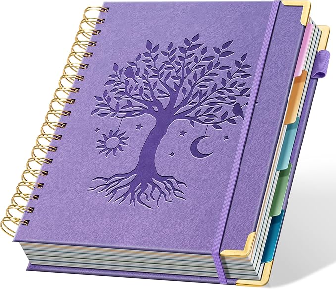 Hardcover Spiral Notebook 8" x 10" with 5 Removable Dividers 300 Pages Leather 5 Subject Notebook College Ruled 100GSM Large Spiral Notebooks for Work Thick Lined Journal for Women, Purple