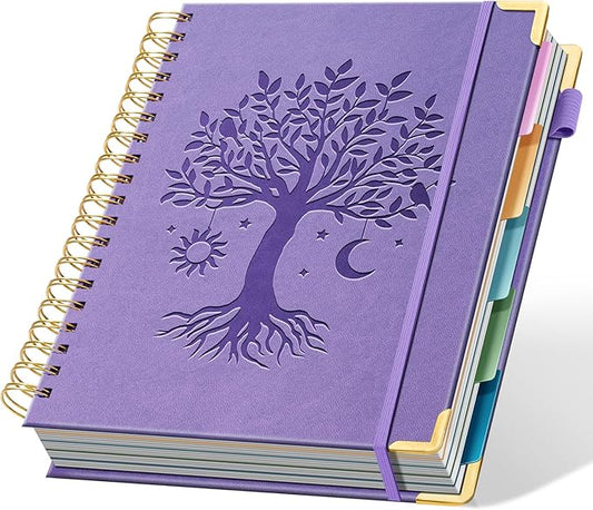 Hardcover Spiral Notebook 8" x 10" with 5 Removable Dividers 300 Pages Leather 5 Subject Notebook College Ruled 100GSM Large Spiral Notebooks for Work Thick Lined Journal for Women, Purple