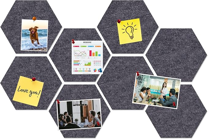 Large Hexagon Felt Cork Board Tiles, Self Adhesive DIY Felt Bulletin Board Pin Board with 35 Pushpins for Office School Home Wall Decor Stickers Memos Photos Display(Deep Grey)