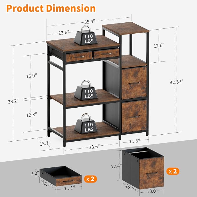 JUSTOGO Printer Stand with 4 Drawer, Extra Large File Cabinet | Extended Shelf for Large Printer, Holds 2 Large Printer, 5 Tier Open Storage, Filing Cabinet for Home Office, Printer Table