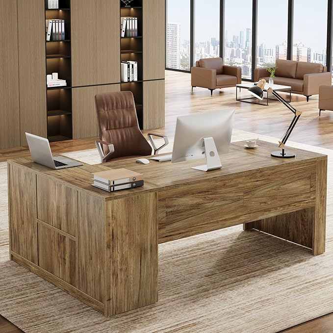 Tribesigns 71" L-Shaped Executive Desk with File Cabinet, Large Office Computer Table with Storage Shelves, Professional Business Furniture Workstation for Home Office, Rustic Brown