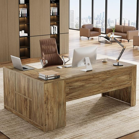 Tribesigns 71" L-Shaped Executive Desk with File Cabinet, Large Office Computer Table with Storage Shelves, Professional Business Furniture Workstation for Home Office, Rustic Brown