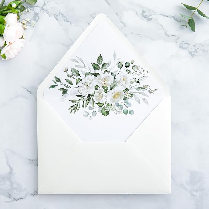 PONATIA 50PCS A7 Euro Flap Envelopes, 5.25 x 7.25'' Liner Envelope For 5x7'' Weddings Invitation Cards, Christmas Gift Cards, Acrylic Invitations, Photos (Ivory & White flower)